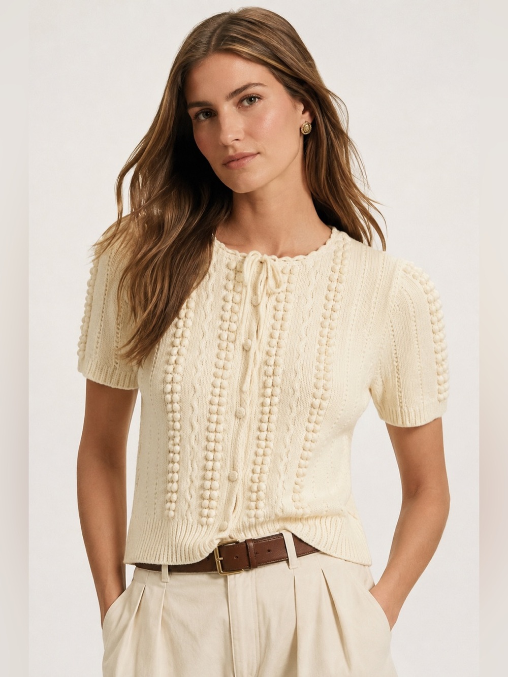 Vintage Ralph Lauren 100% Cotton Hand Knit Cardigan Cream Bobble Cable Knit S